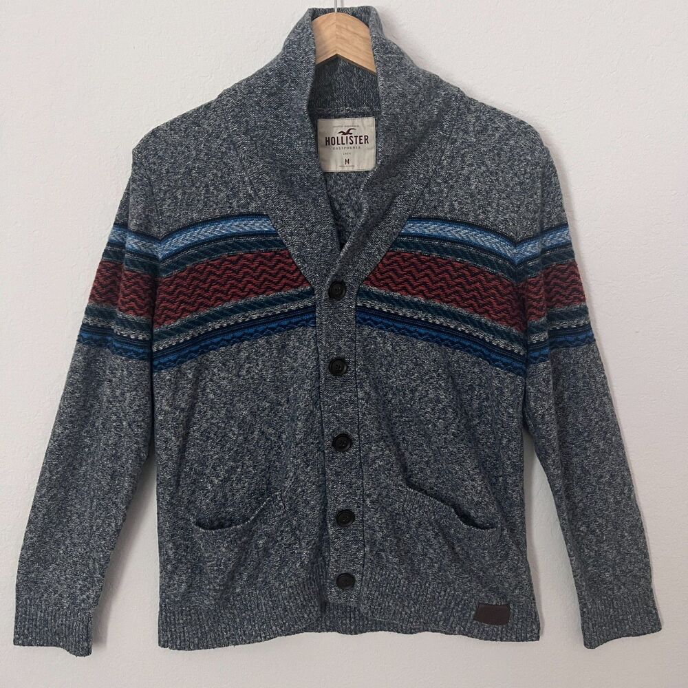 Hollister Men's Shawl Collar Cardigan Sweater Gray Thick Knit Fair Isle Print M
